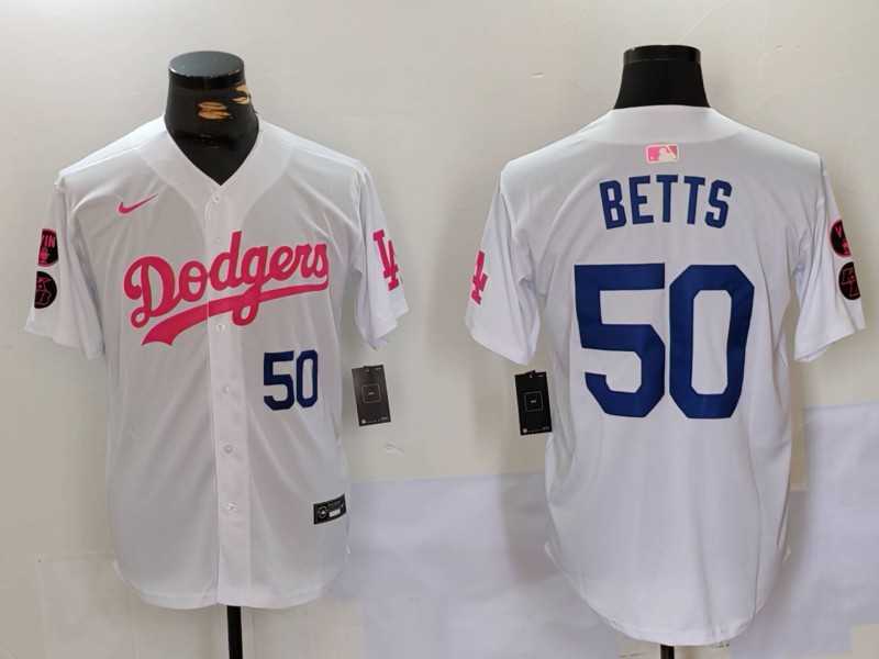 Men%27s Los Angeles Dodgers #50 Mookie Betts White Pink Vin & Kobe Patch Stitched Baseball Jerseys->los angeles dodgers->MLB Jersey